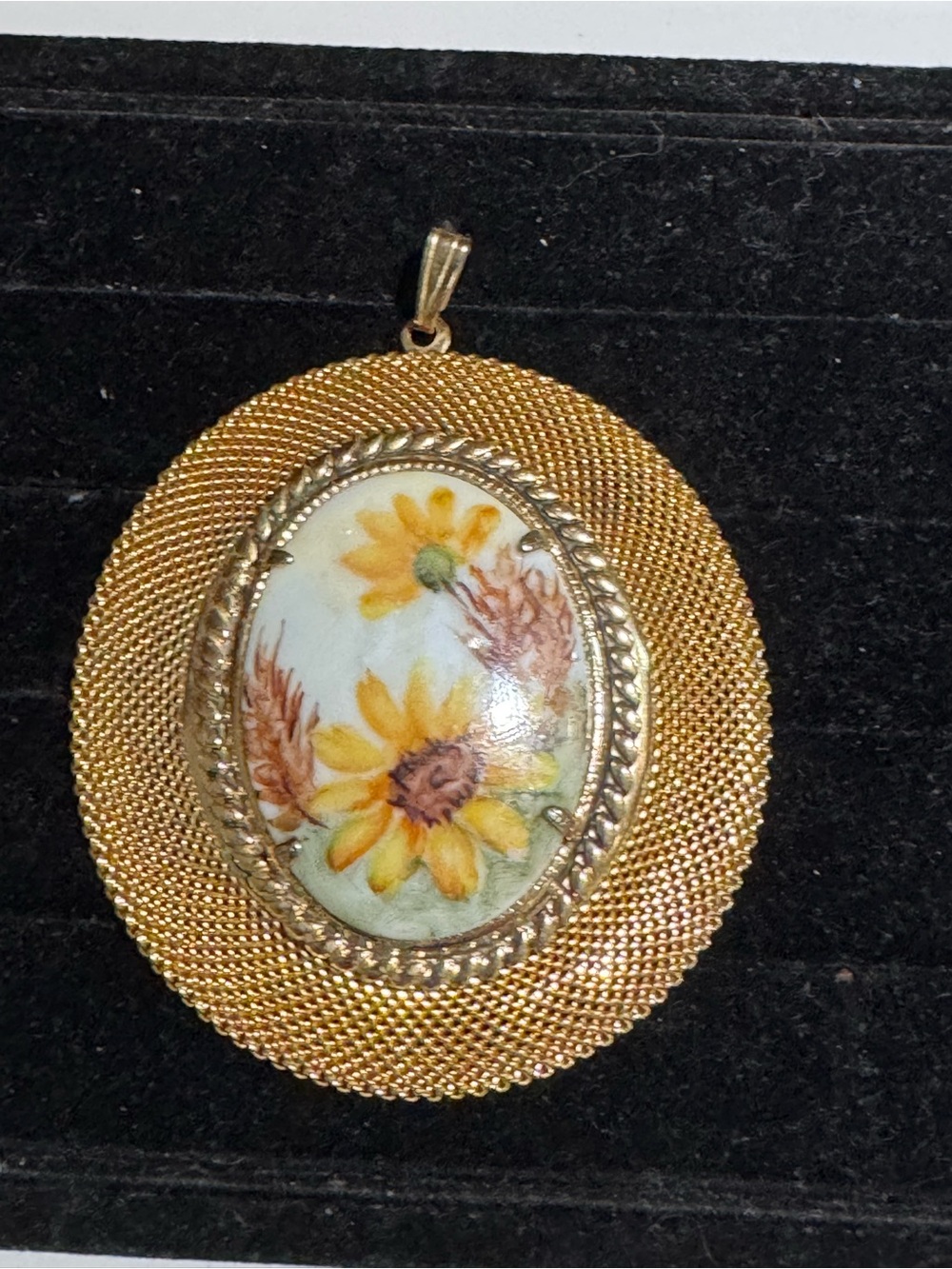 Vintage Gold Tone Floral Porcelain Pendant